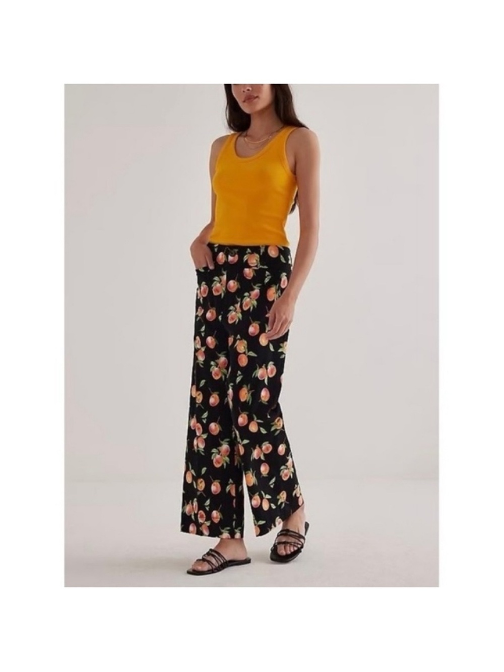 Anthropologie Black Wide-Leg Pants with Peach Print